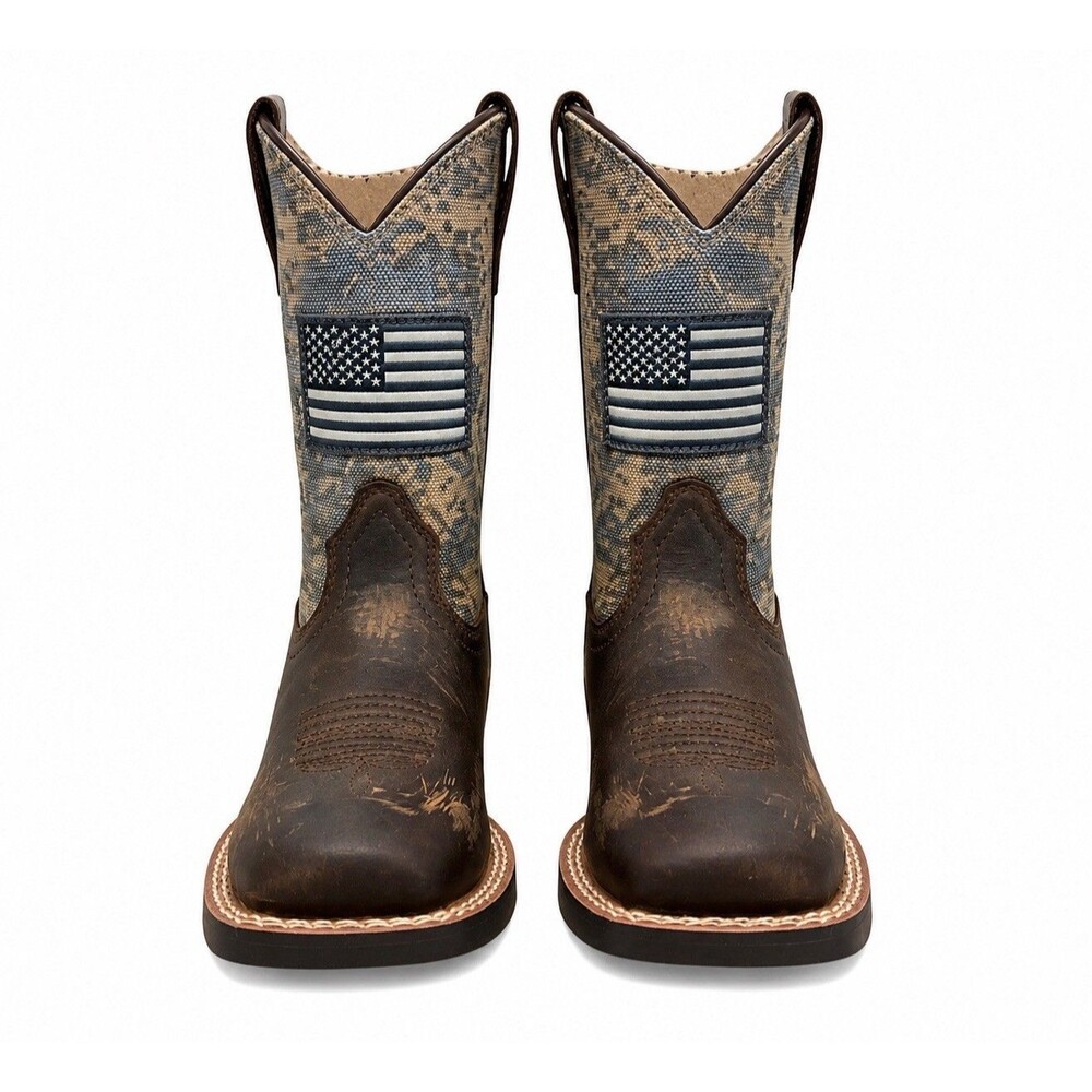 Ariat Kids Cowboy Boots Size 8 Brown Camo American Flag Square Toe Leather